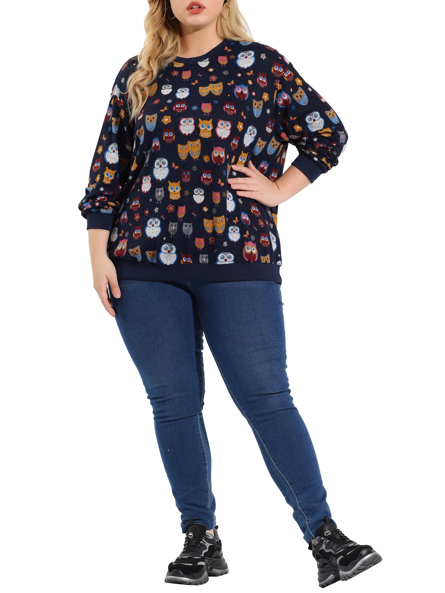 Women Plus Size Top Pullover Loose Owl Print Sweatershirt