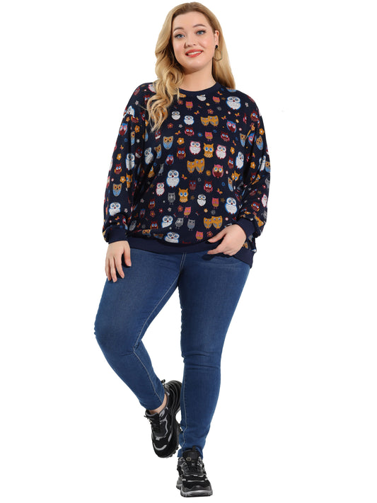 Women Plus Size Top Pullover Loose Owl Print Sweatershirt