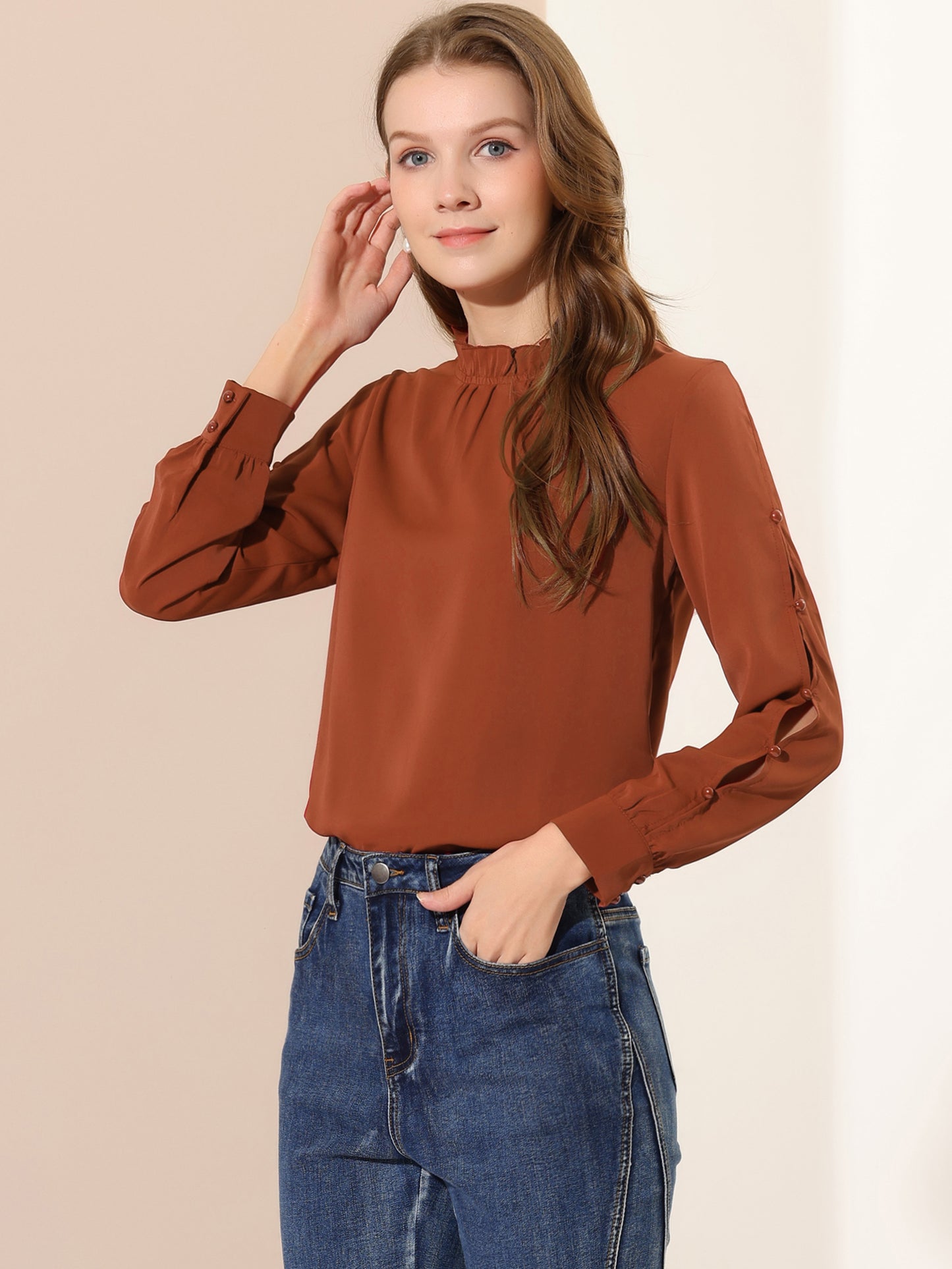 Women's Chiffon Blouse Ruched Stand Collar Pearl Beaded Long Sleeve Top