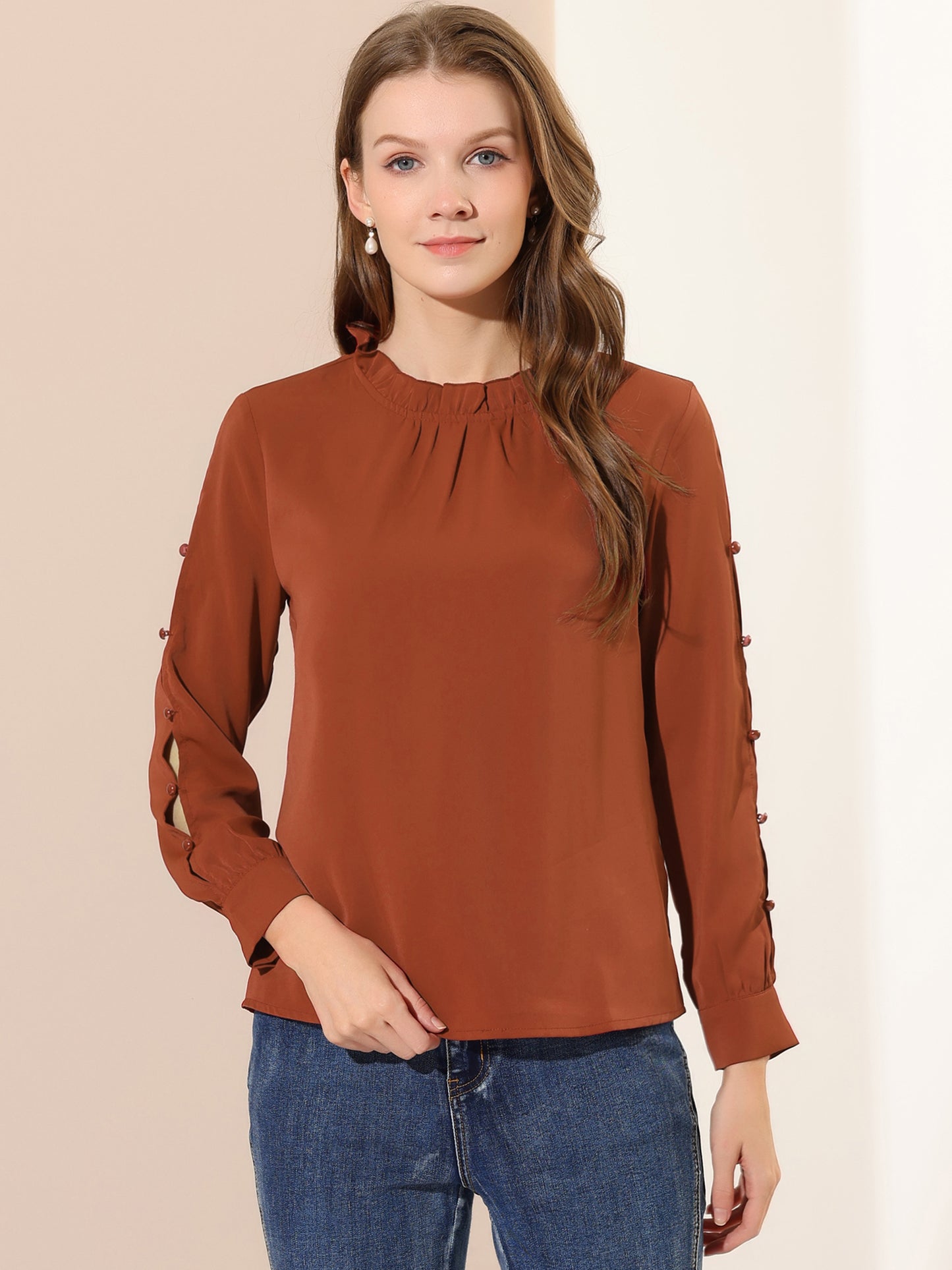 Women's Chiffon Blouse Ruched Stand Collar Pearl Beaded Long Sleeve Top