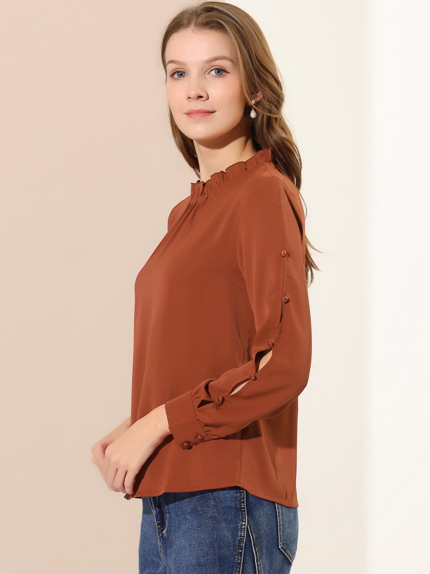 Women's Chiffon Blouse Ruched Stand Collar Pearl Beaded Long Sleeve Top