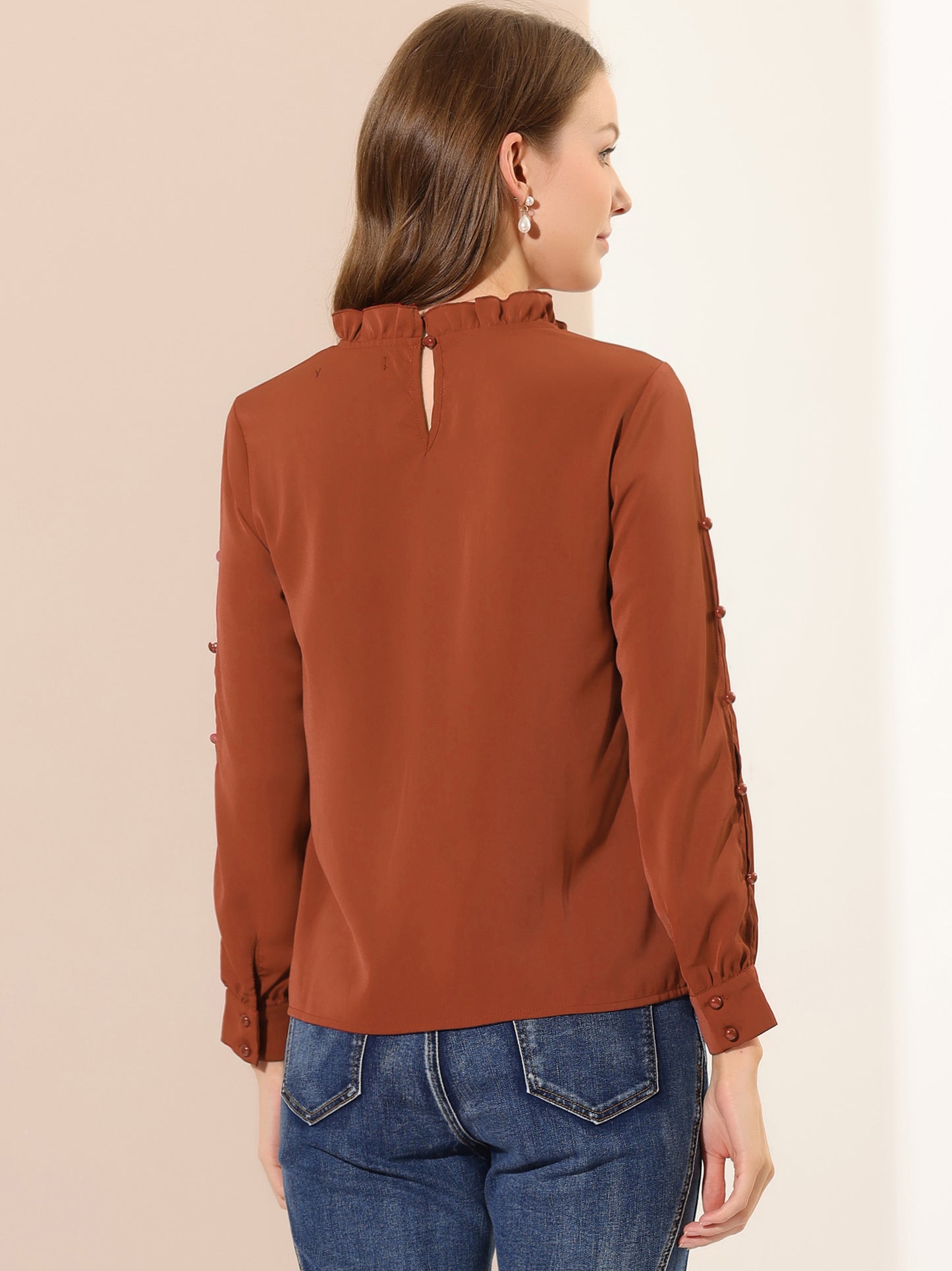 Women's Chiffon Blouse Ruched Stand Collar Pearl Beaded Long Sleeve Top