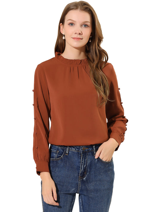 Blusa de gasa para mujer con cuello alto fruncido y cuentas de perlas, manga larga