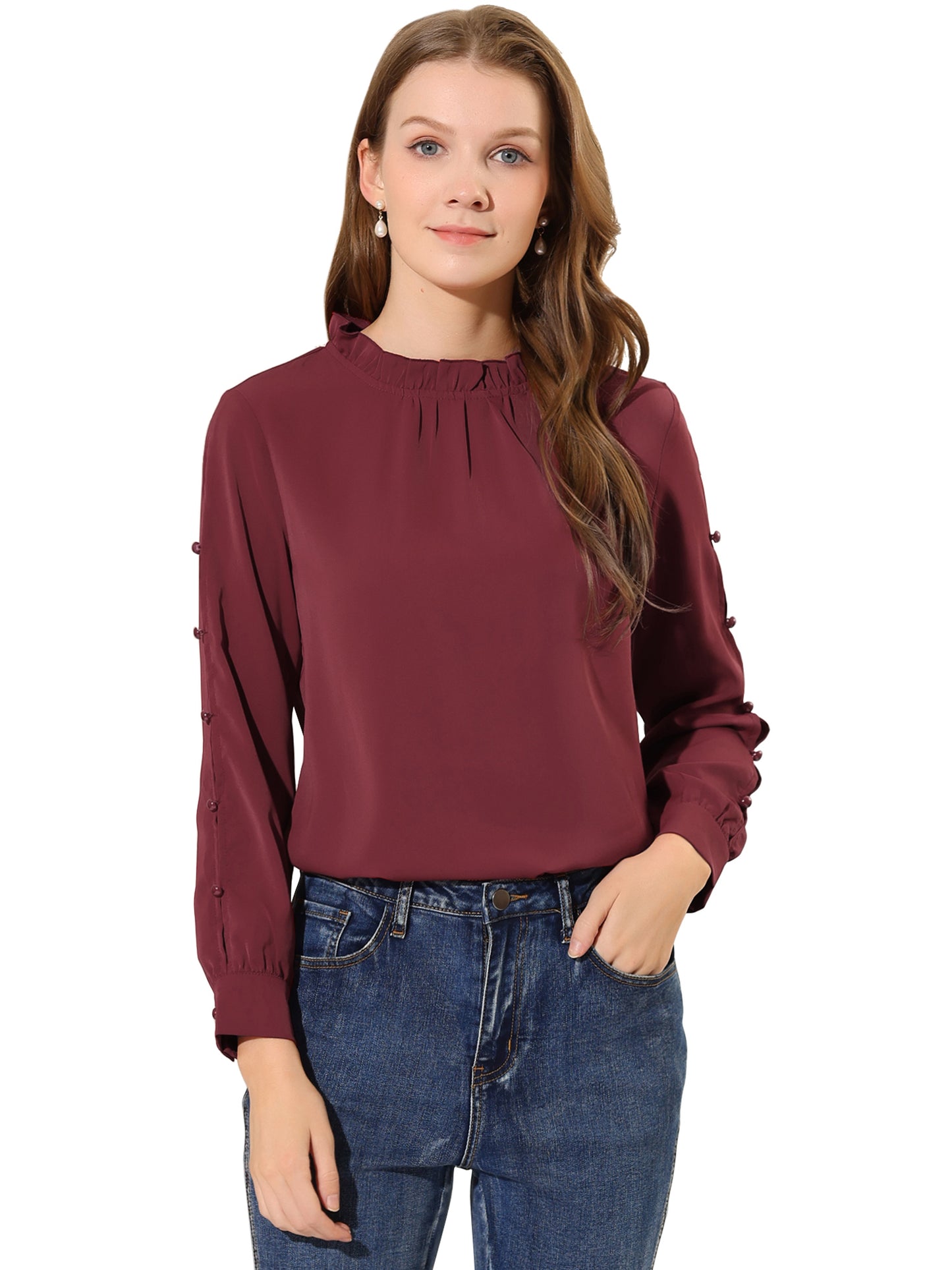 Blusa de gasa para mujer con cuello alto fruncido y cuentas de perlas, manga larga