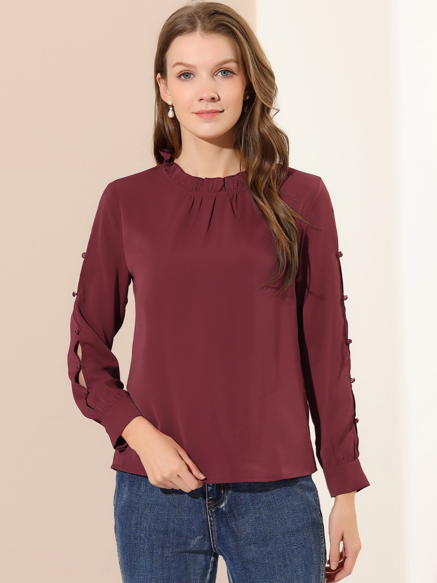 Blusa de gasa para mujer con cuello alto fruncido y cuentas de perlas, manga larga