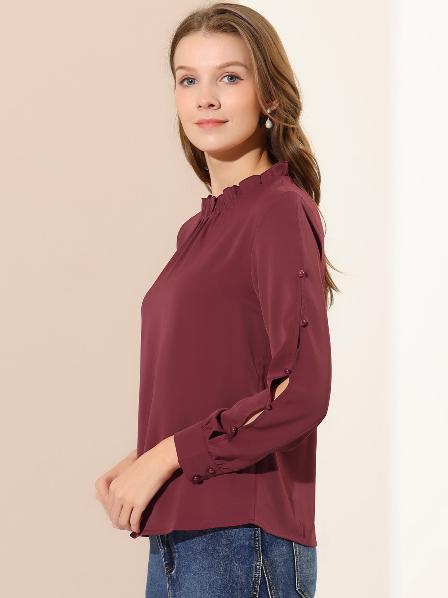 Blusa de gasa para mujer con cuello alto fruncido y cuentas de perlas, manga larga