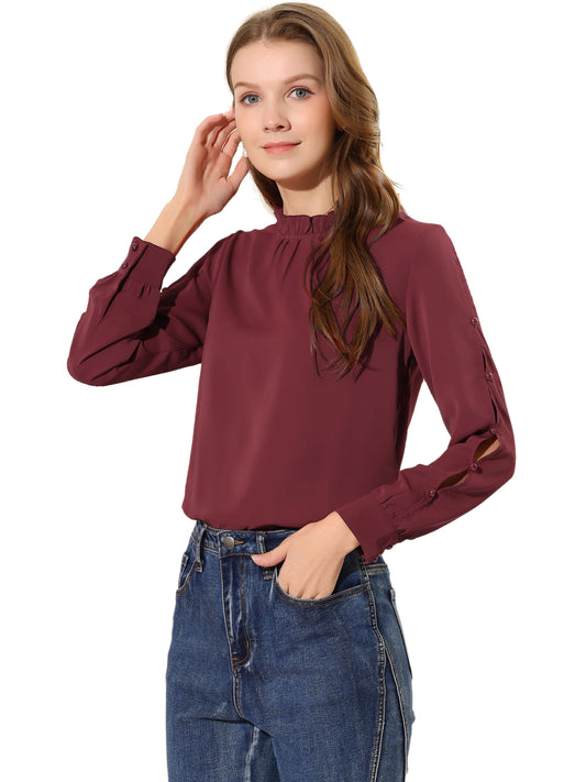 Blusa de gasa para mujer con cuello alto fruncido y cuentas de perlas, manga larga