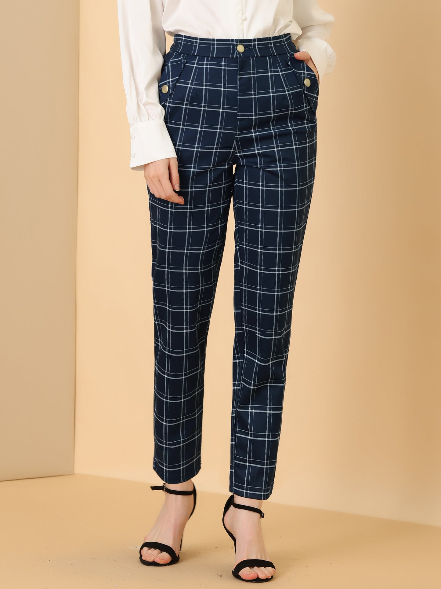 Women's Retro Tartan Plaid Pants Elastic Waist Straight Long Trousers