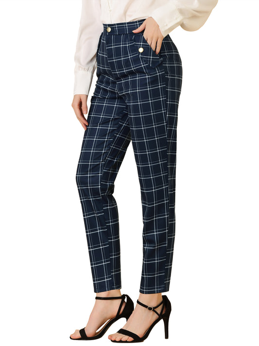 Women's Retro Tartan Plaid Pants Elastic Waist Straight Long Trousers