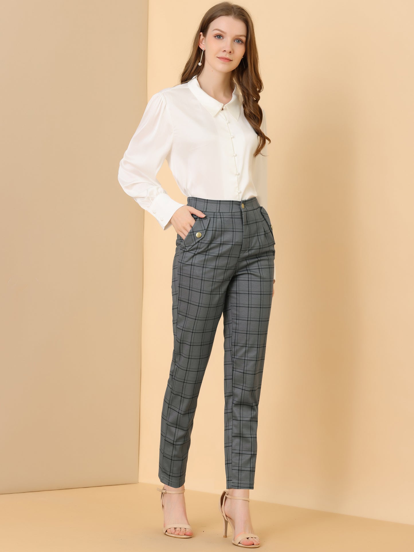 Women's Retro Tartan Plaid Pants Elastic Waist Straight Long Trousers