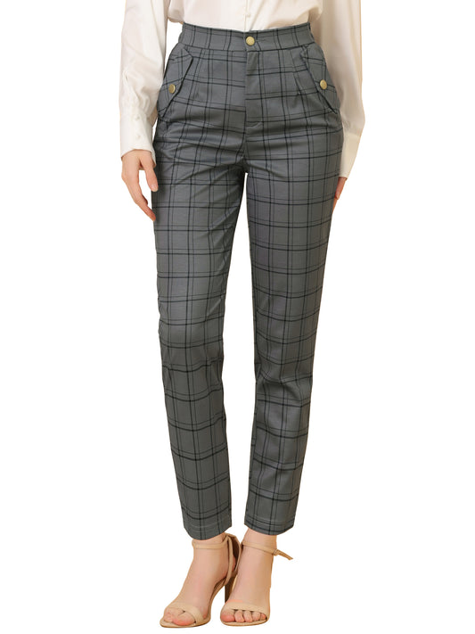 Women's Retro Tartan Plaid Pants Elastic Waist Straight Long Trousers