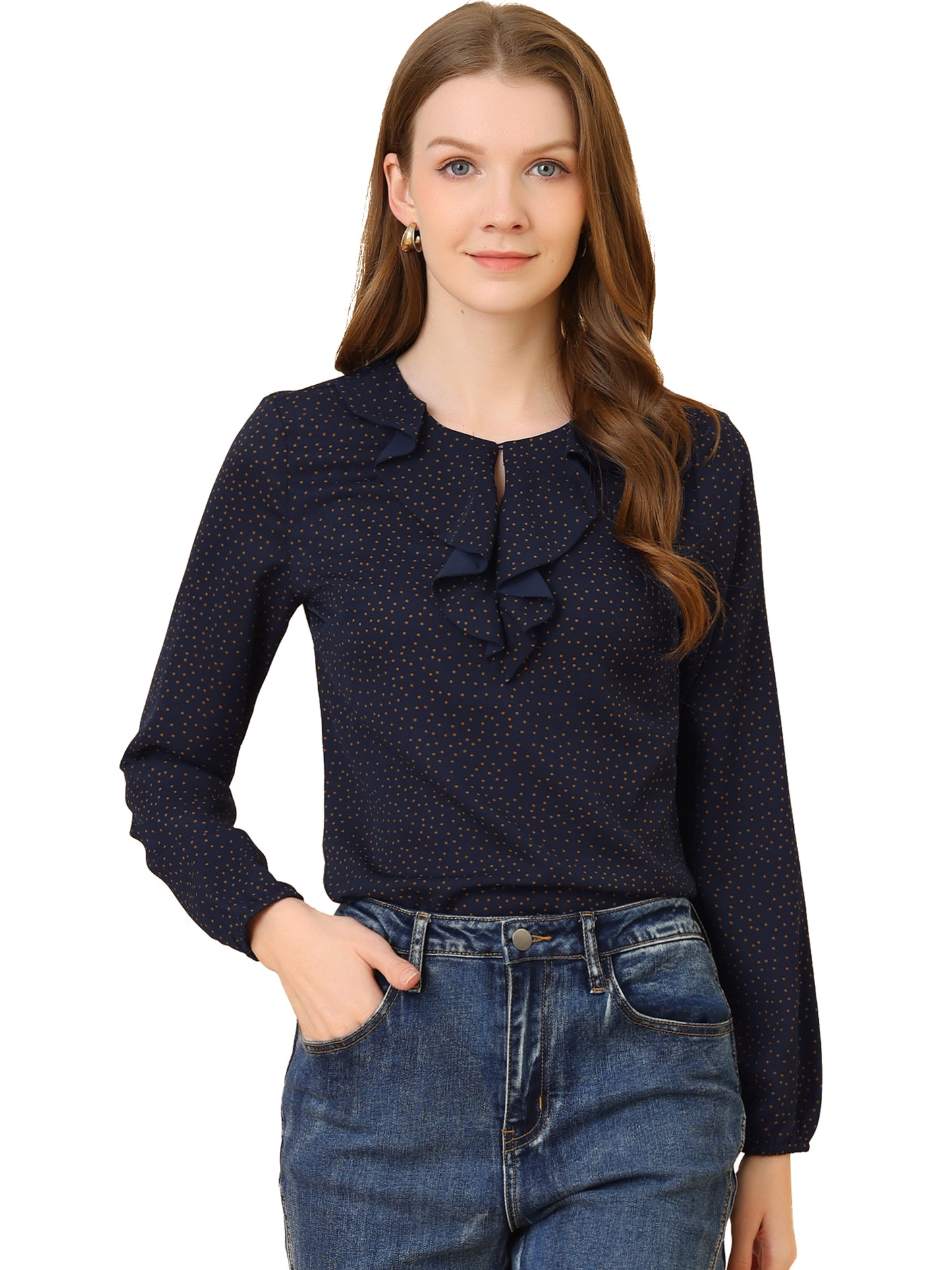 Women's Ruffle Neck Chiffon Top Long Sleeve Casual Office Blouse