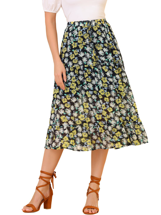 Women's Tiered A-line Flare Swing Elastic Waist Ruffle Floral Skirt