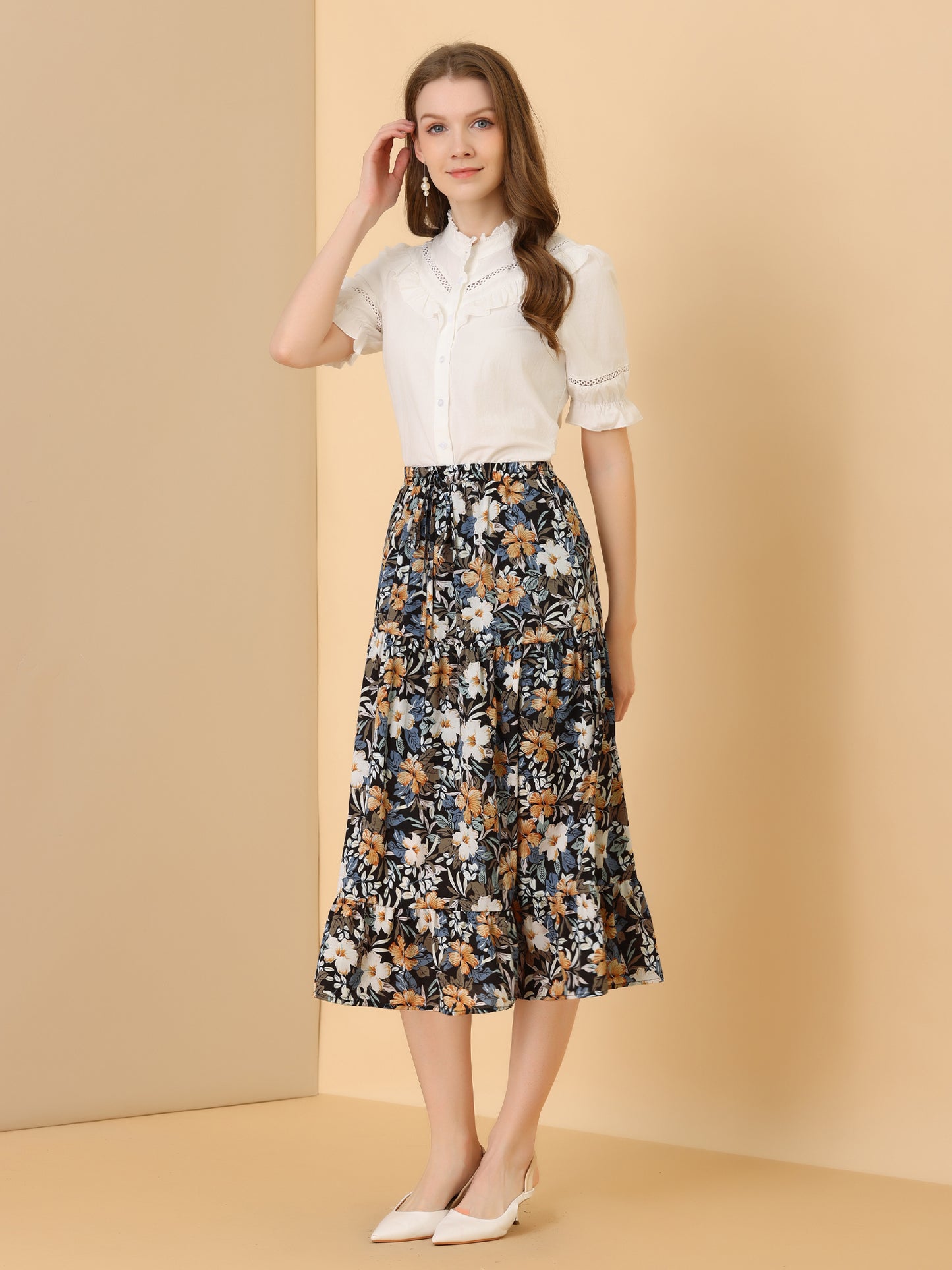 Women's Tiered A-line Flare Swing Elastic Waist Ruffle Floral Skirt