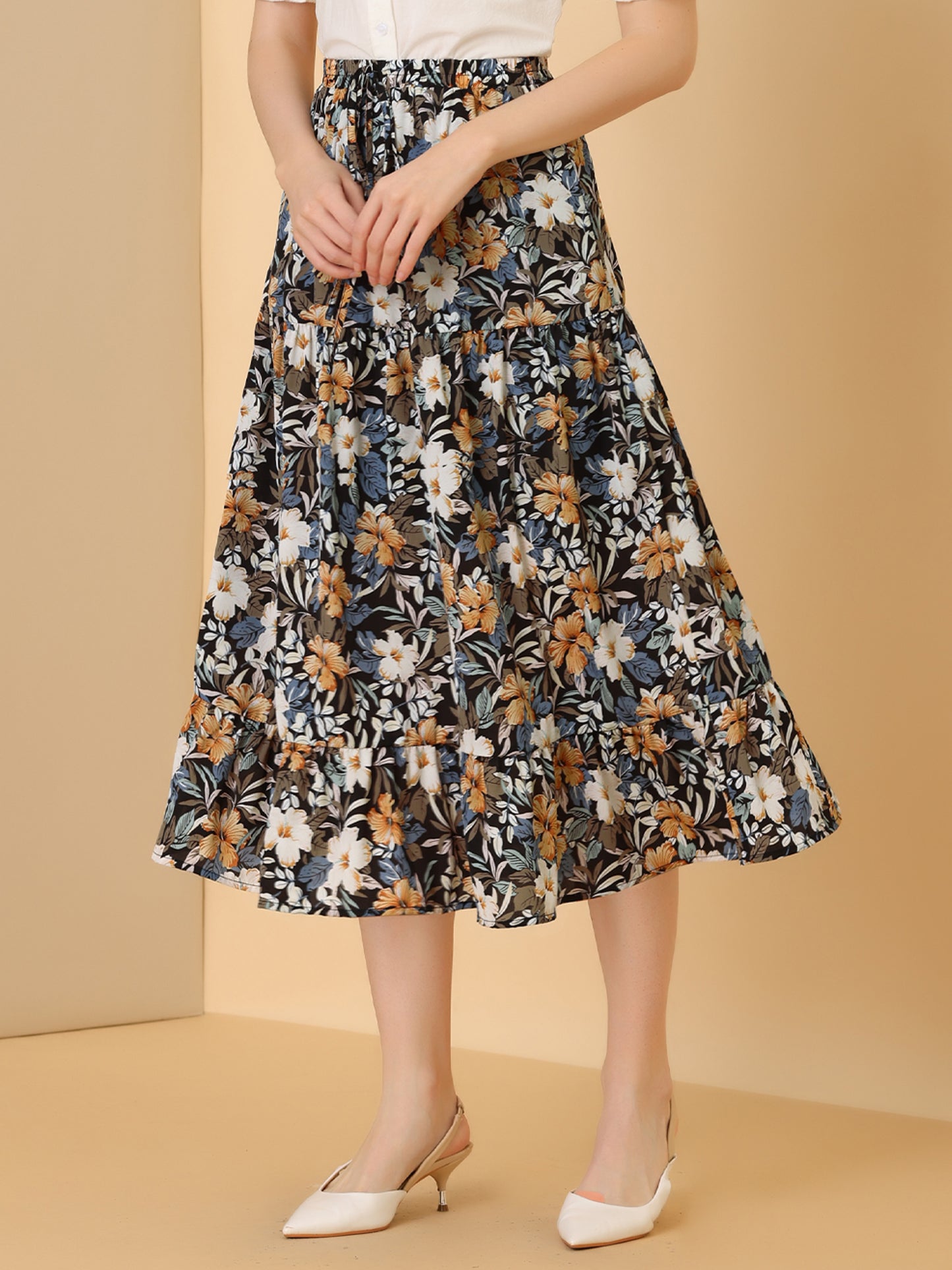 Women's Tiered A-line Flare Swing Elastic Waist Ruffle Floral Skirt