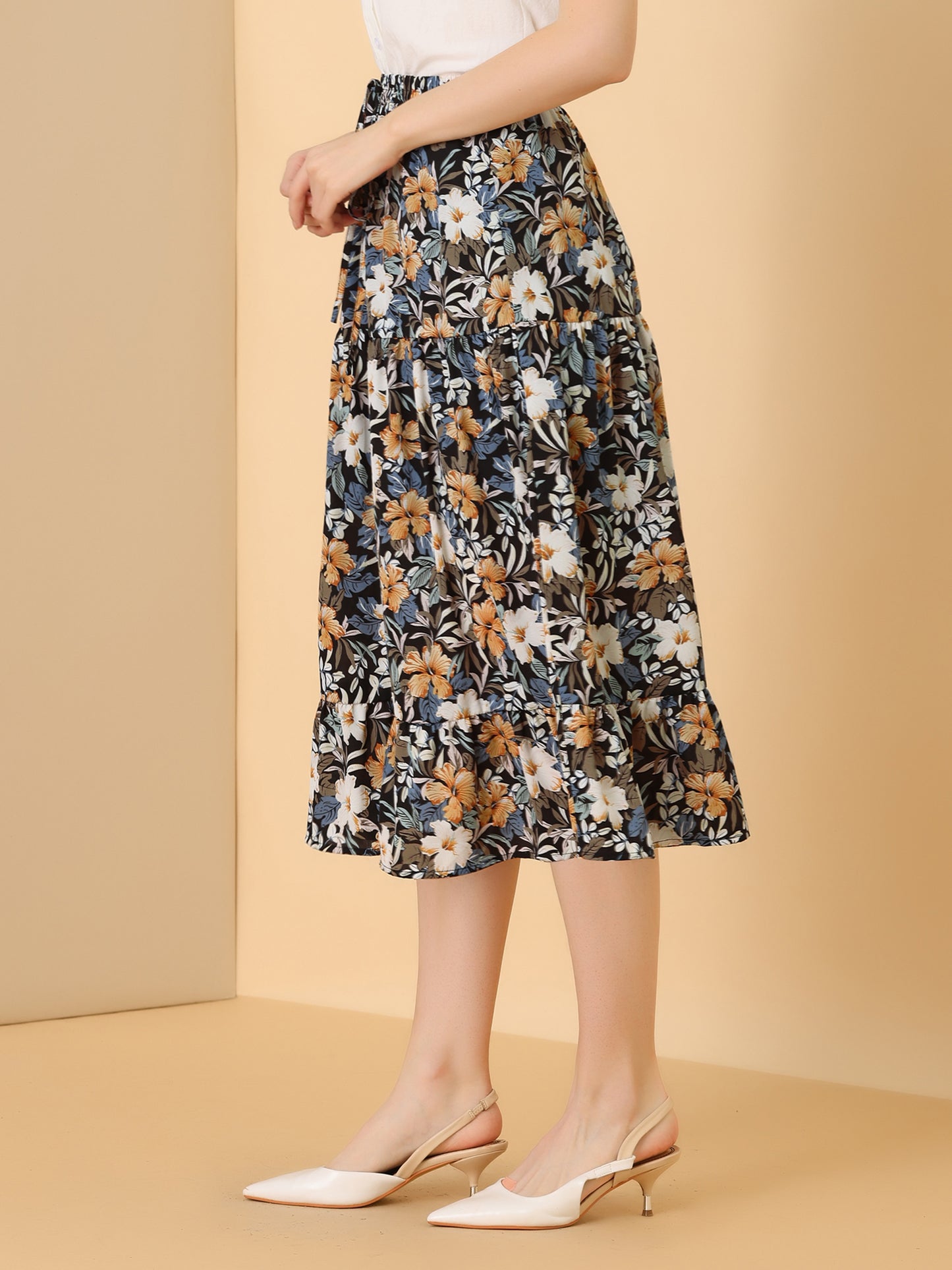 Women's Tiered A-line Flare Swing Elastic Waist Ruffle Floral Skirt
