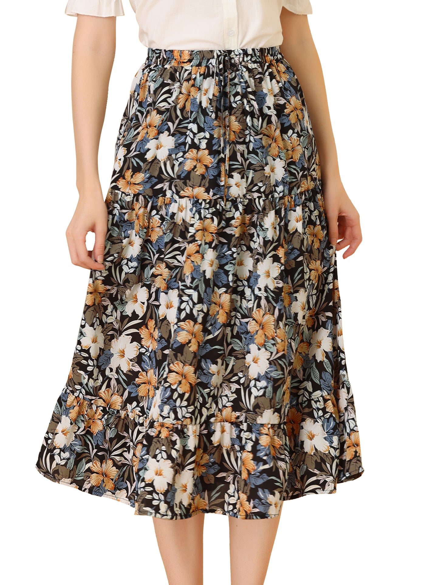Women's Tiered A-line Flare Swing Elastic Waist Ruffle Floral Skirt