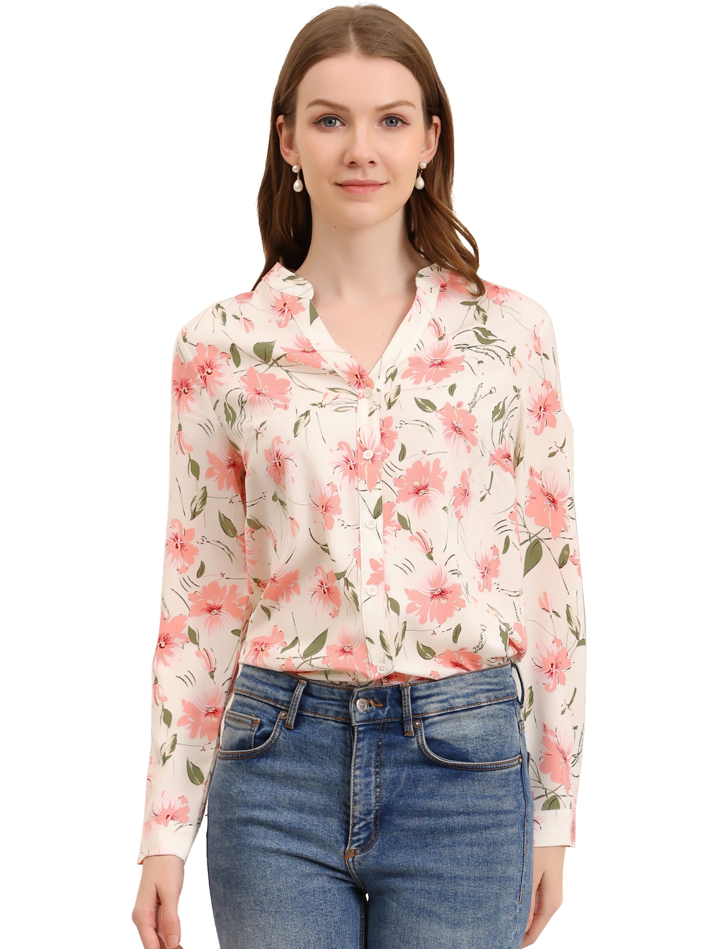 Women's Chiffon V Neck Long Sleeve Tunic Top Floral Button Up Shirt (Available in Plus Size)