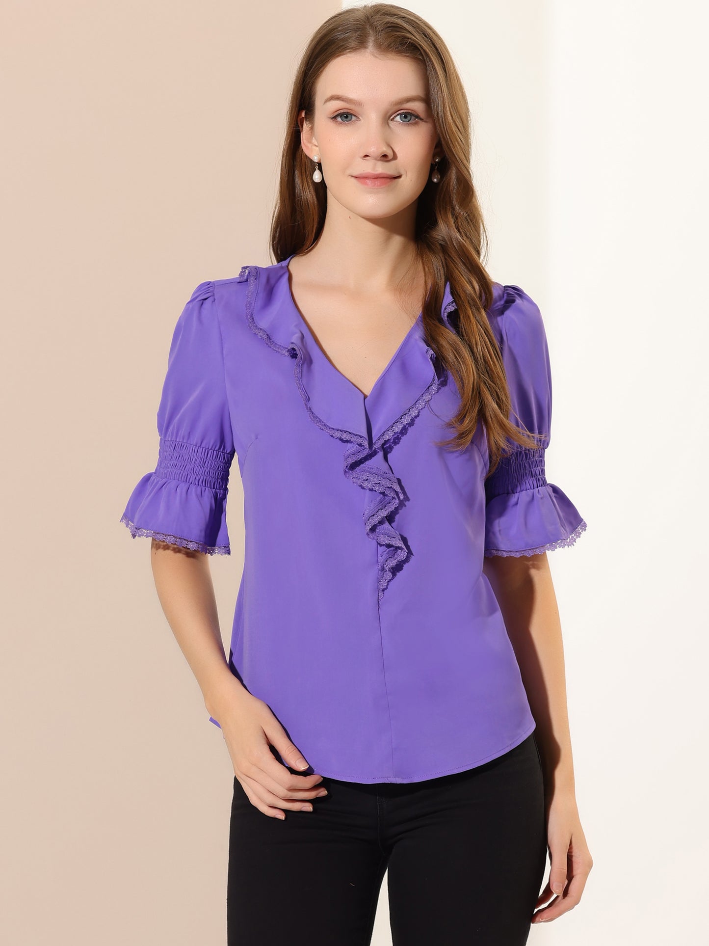 Women's Ruffle V Neck Puff Sleeve Blouse Summer Casual Chiffon Top