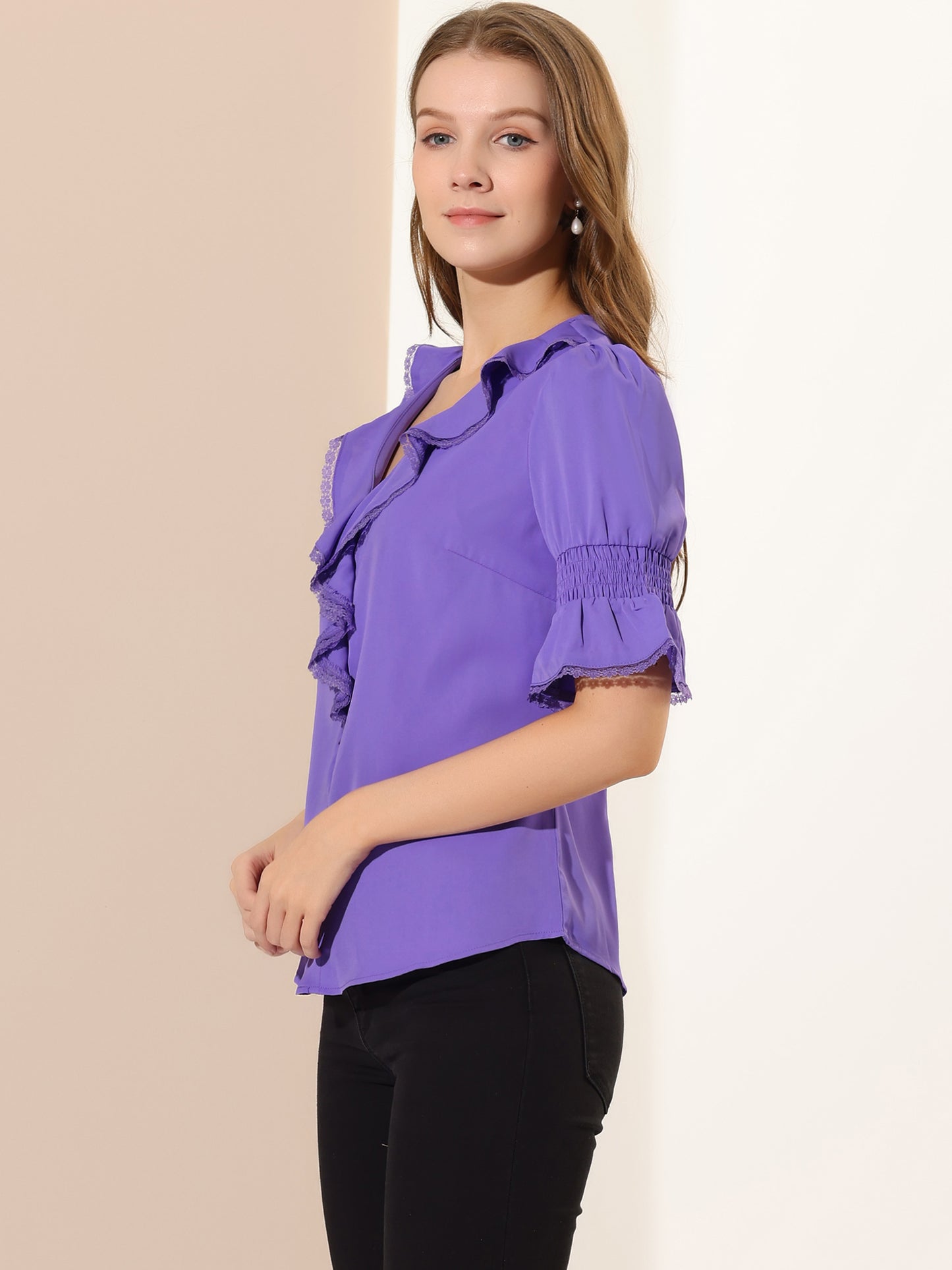 Women's Ruffle V Neck Puff Sleeve Blouse Summer Casual Chiffon Top