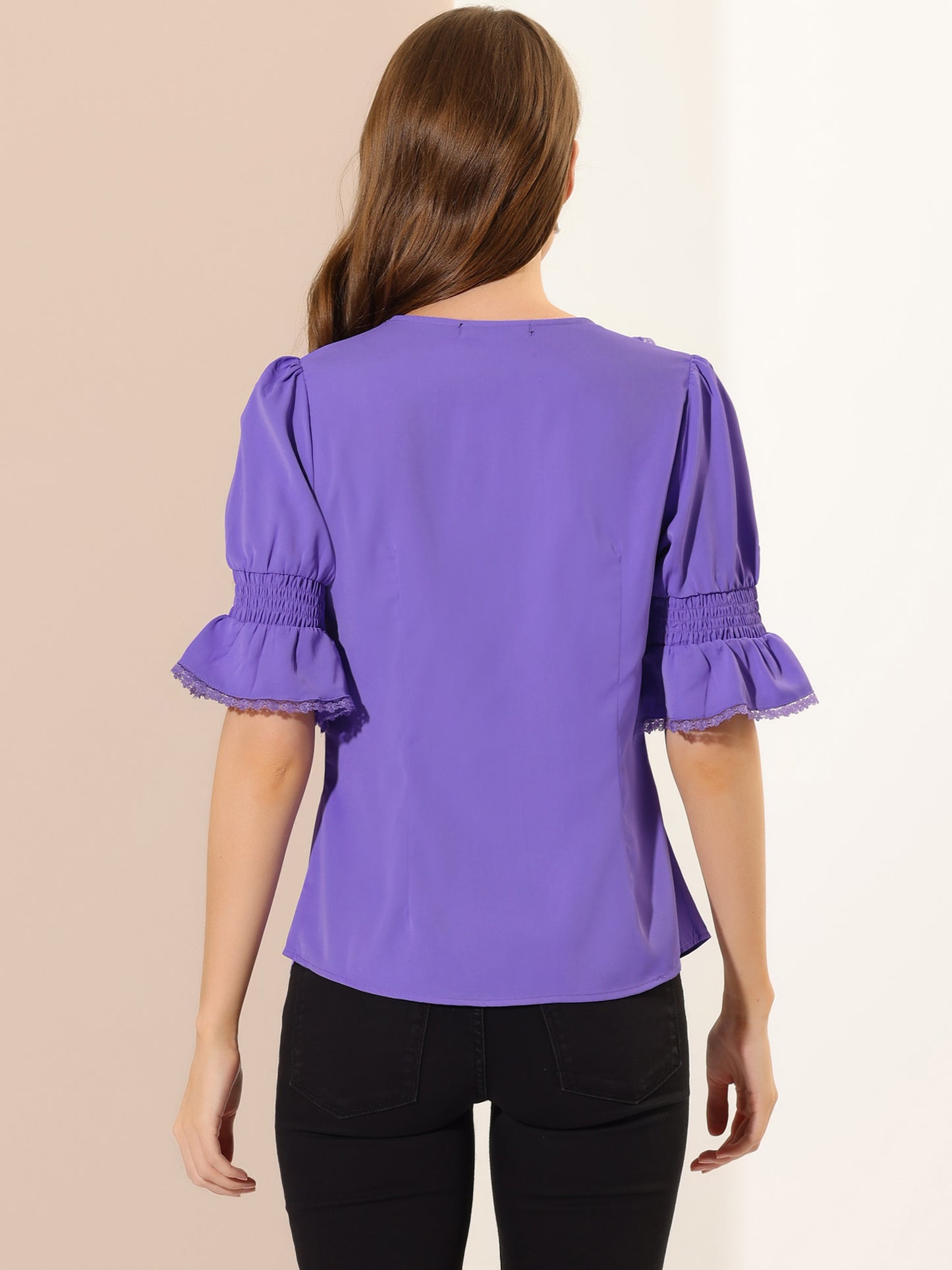 Women's Ruffle V Neck Puff Sleeve Blouse Summer Casual Chiffon Top