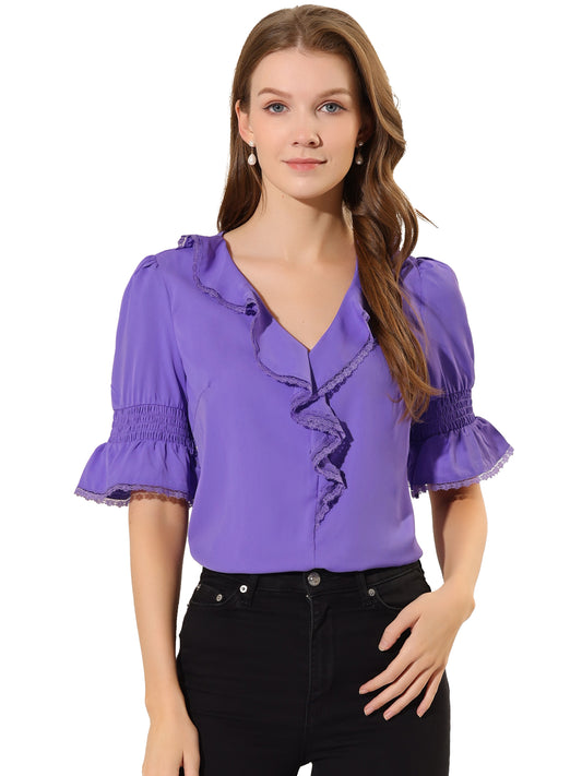 Women's Ruffle V Neck Puff Sleeve Blouse Summer Casual Chiffon Top