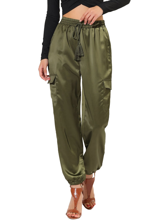 Women's Satin Joggers Drawstring Elastic Athleisure Pants High Waist Shiny Silky Satin Cargo Pants (Available in Plus Size)