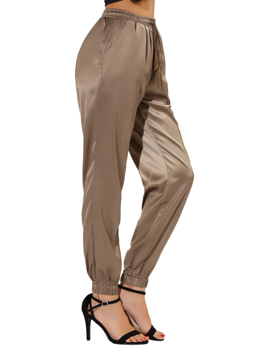 Women's Drawstring Elastic Waist Athleisure Pants Casual Ankle Length Satin Joggers with Pocket (Available in Plus Size)