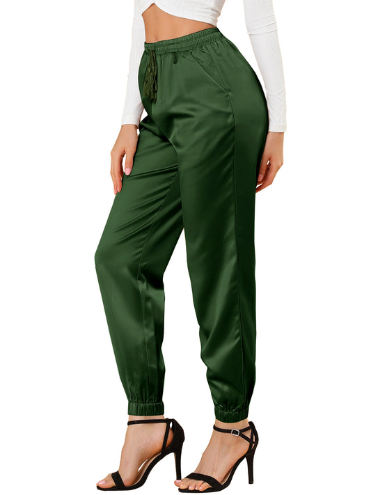 Women's Drawstring Elastic Waist Athleisure Pants Casual Ankle Length Satin Joggers with Pocket (Available in Plus Size)