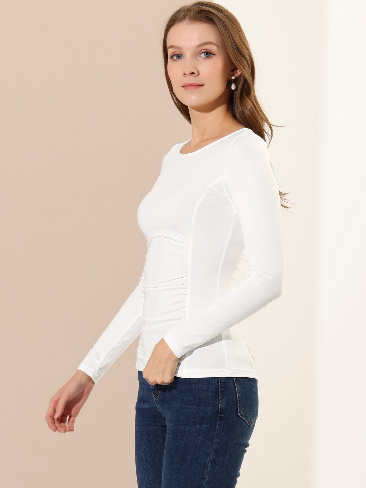 Women's Round Neck Long Sleeve Solid Fitted Ruched Top