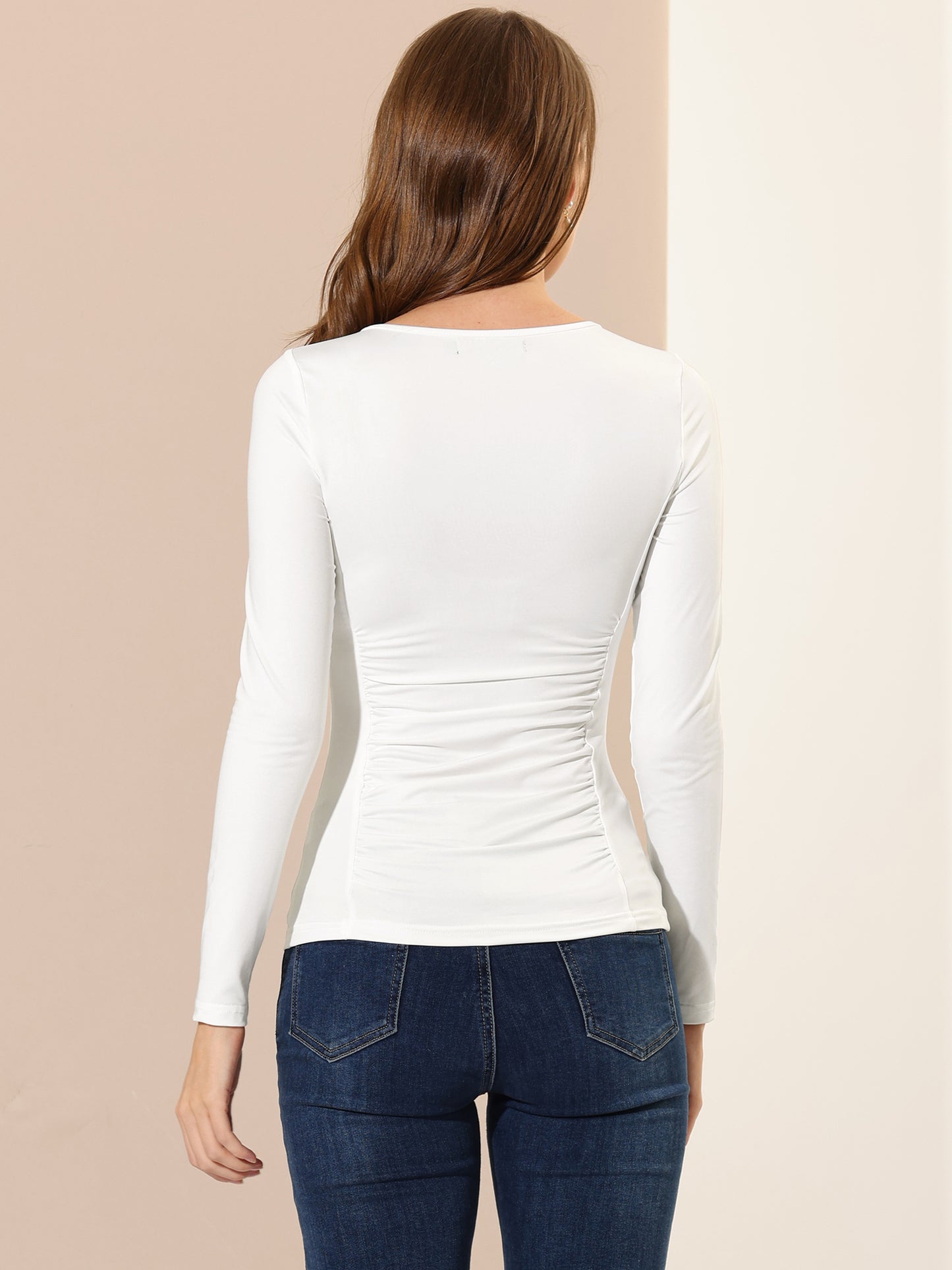 Women's Round Neck Long Sleeve Solid Fitted Ruched Top