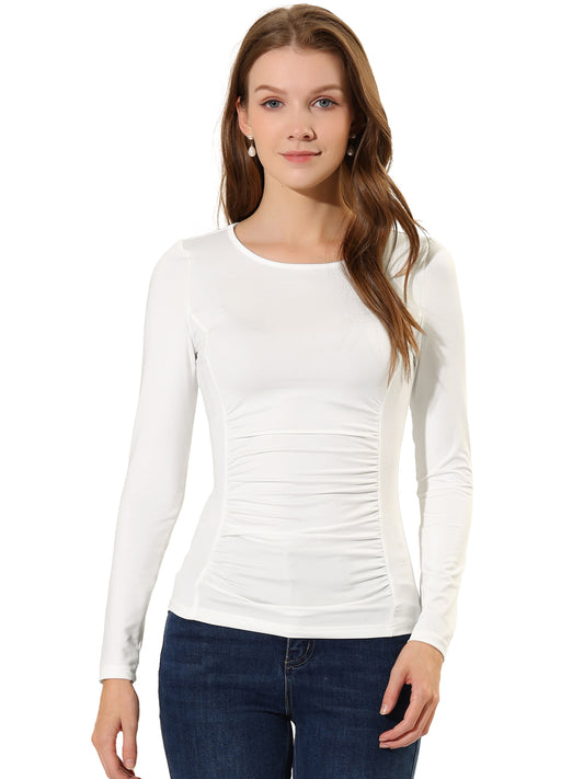 Women's Round Neck Long Sleeve Solid Fitted Ruched Top