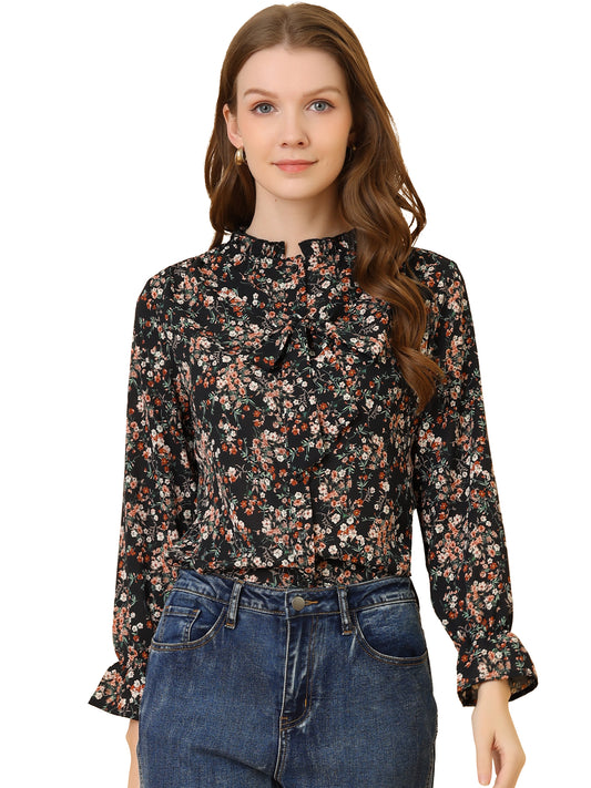 Blusa informal con cuello fruncido y botones con lazo floral para mujer