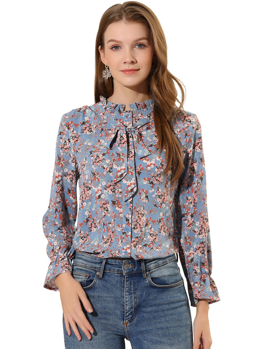 Blusa informal con cuello fruncido y botones con lazo floral para mujer