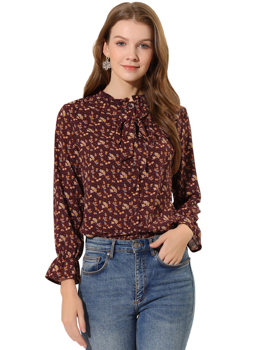 Blusa informal con cuello fruncido y botones con lazo floral para mujer
