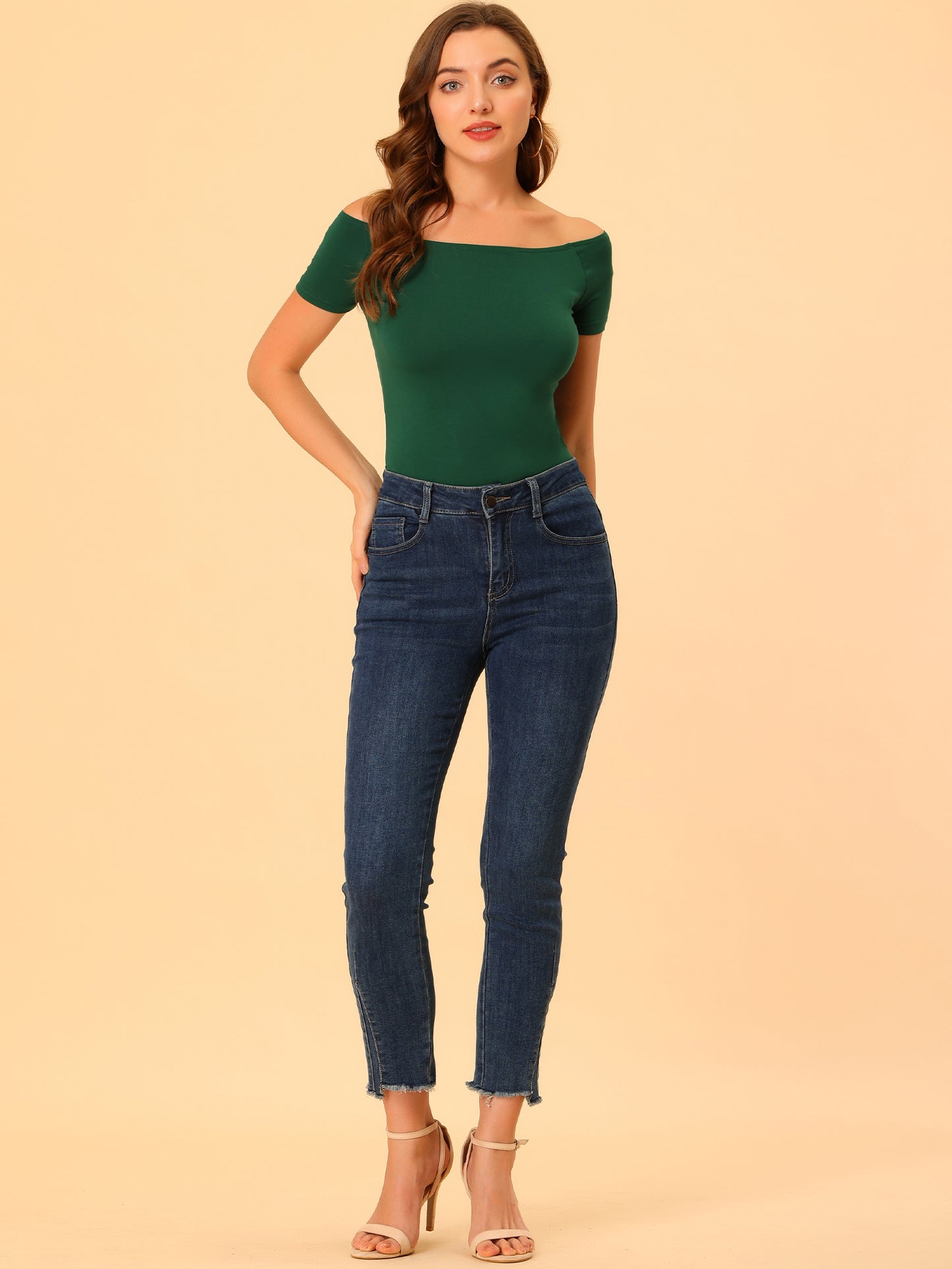 Women's Off Shoulder Top Short Sleeve Solid Basic Slim Fit Tees