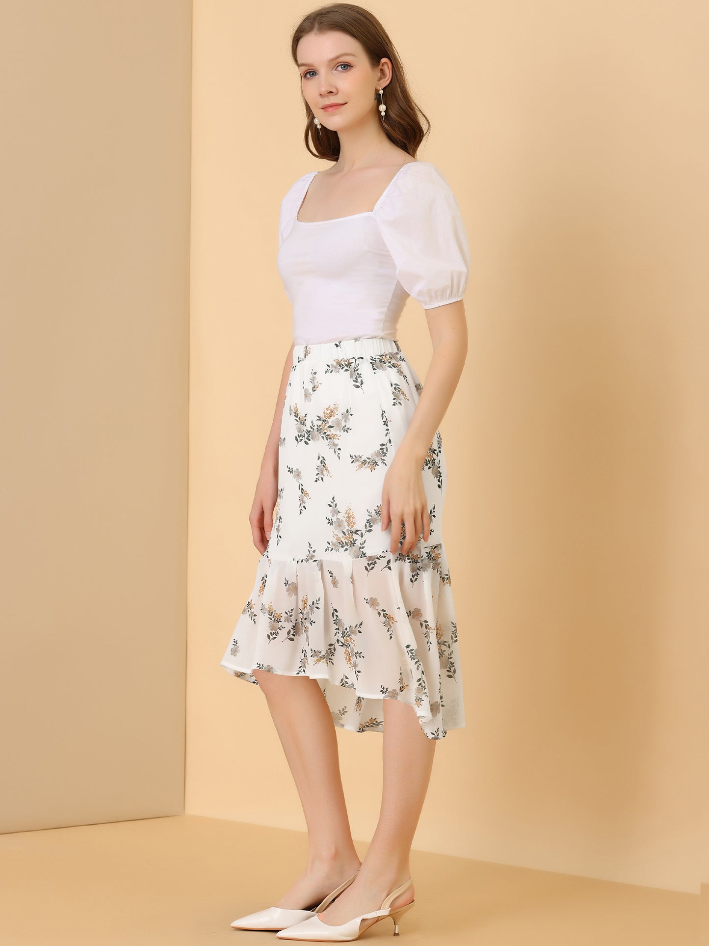 Falda de cola de pez de gasa con cintura elástica y dobladillo con volantes para mujer