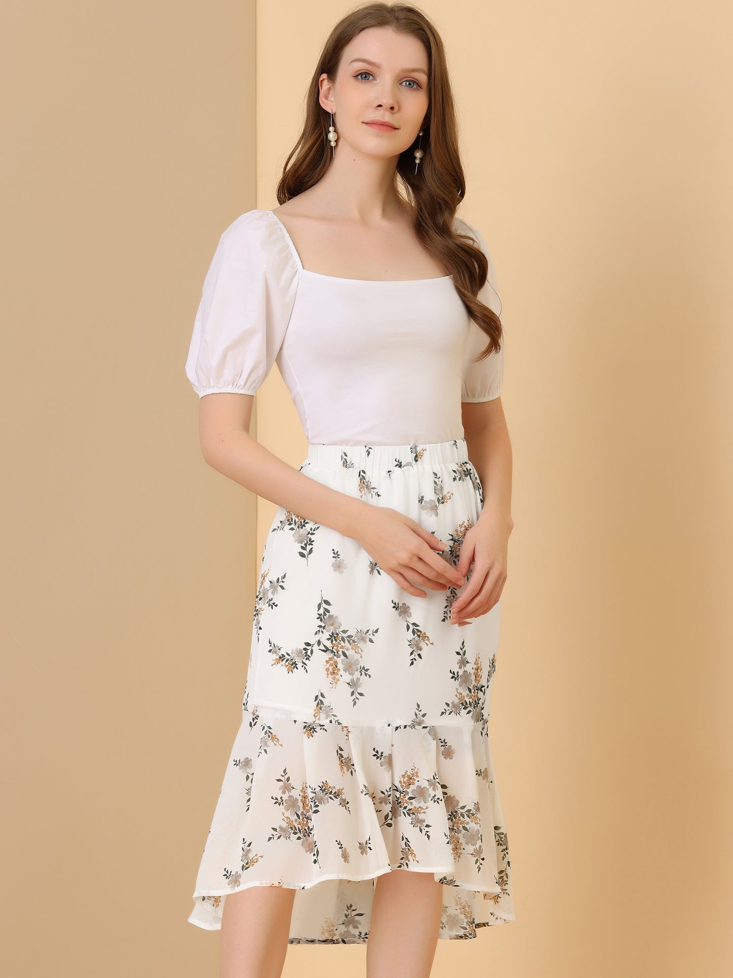 Women's Floral Elastic Waist Bodycon Ruffle Hem Chiffon Fishtail Skirt