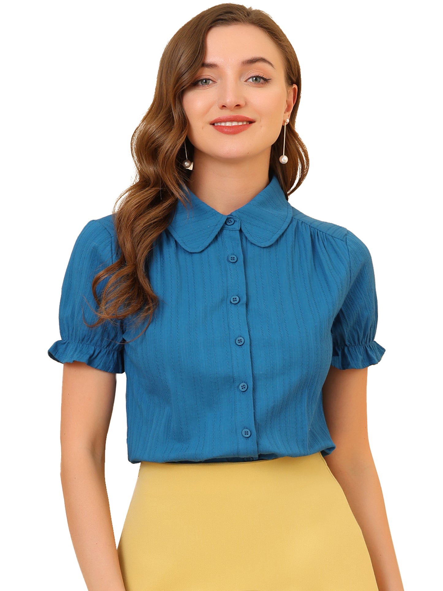 Women's Peter Pan Collar Shirt 1950s Vintage Cotton Button Down Blouse