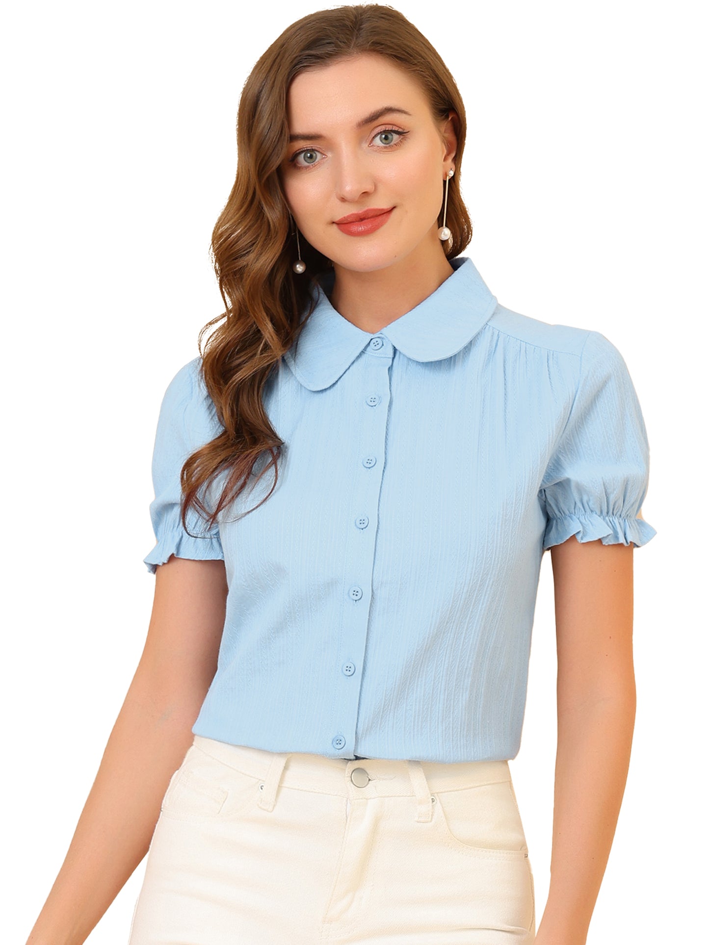 Women's Peter Pan Collar Shirt 1950s Vintage Cotton Button Down Blouse