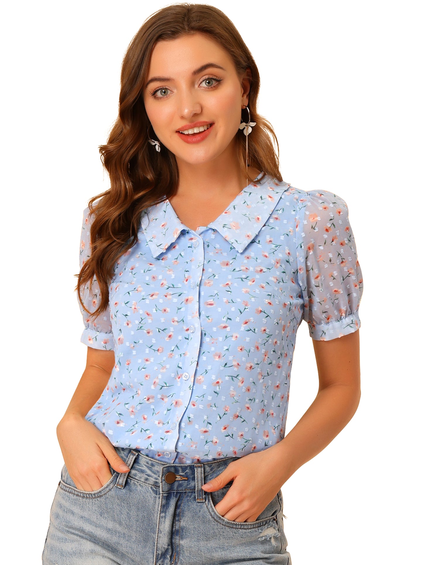 Women's Floral Blouse Swiss Dots Textured Semi Sheer Short Sleeve Collar Shirt