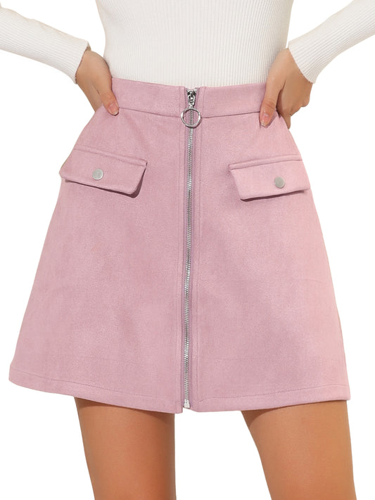 Women's Zipper Front Skirt High Waist A-Line Faux Suede Mini Skirt