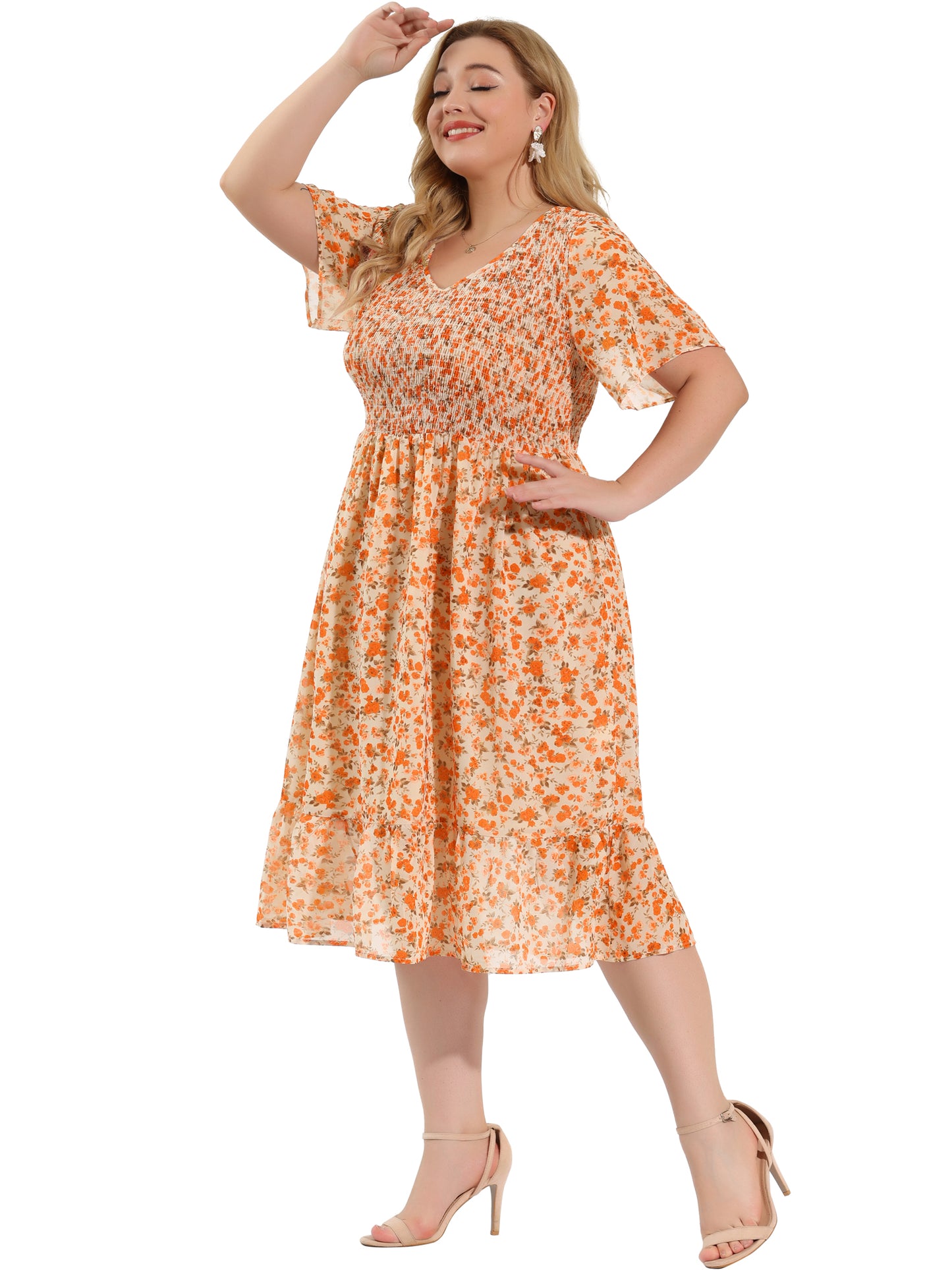 Women's Plus Size Dresses Flare Smock Ruffle Chiffon Floral Midi Dress