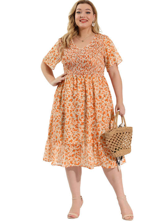 Women's Plus Size Dresses Flare Smock Ruffle Chiffon Floral Midi Dress