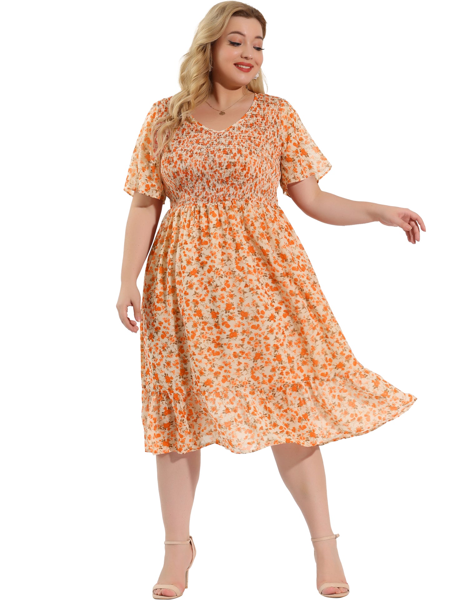 Women's Plus Size Dresses Flare Smock Ruffle Chiffon Floral Midi Dress