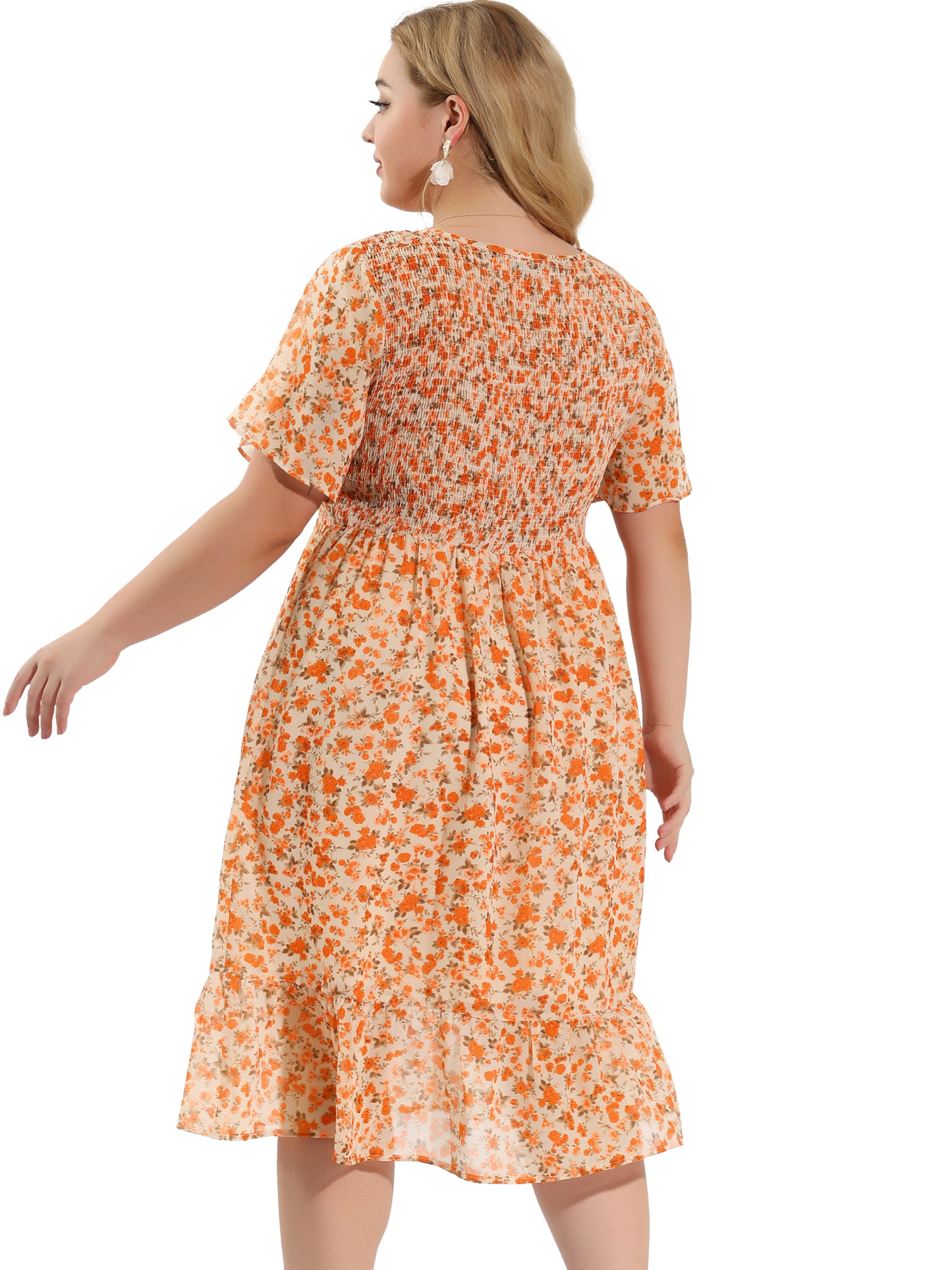 Women's Plus Size Dresses Flare Smock Ruffle Chiffon Floral Midi Dress