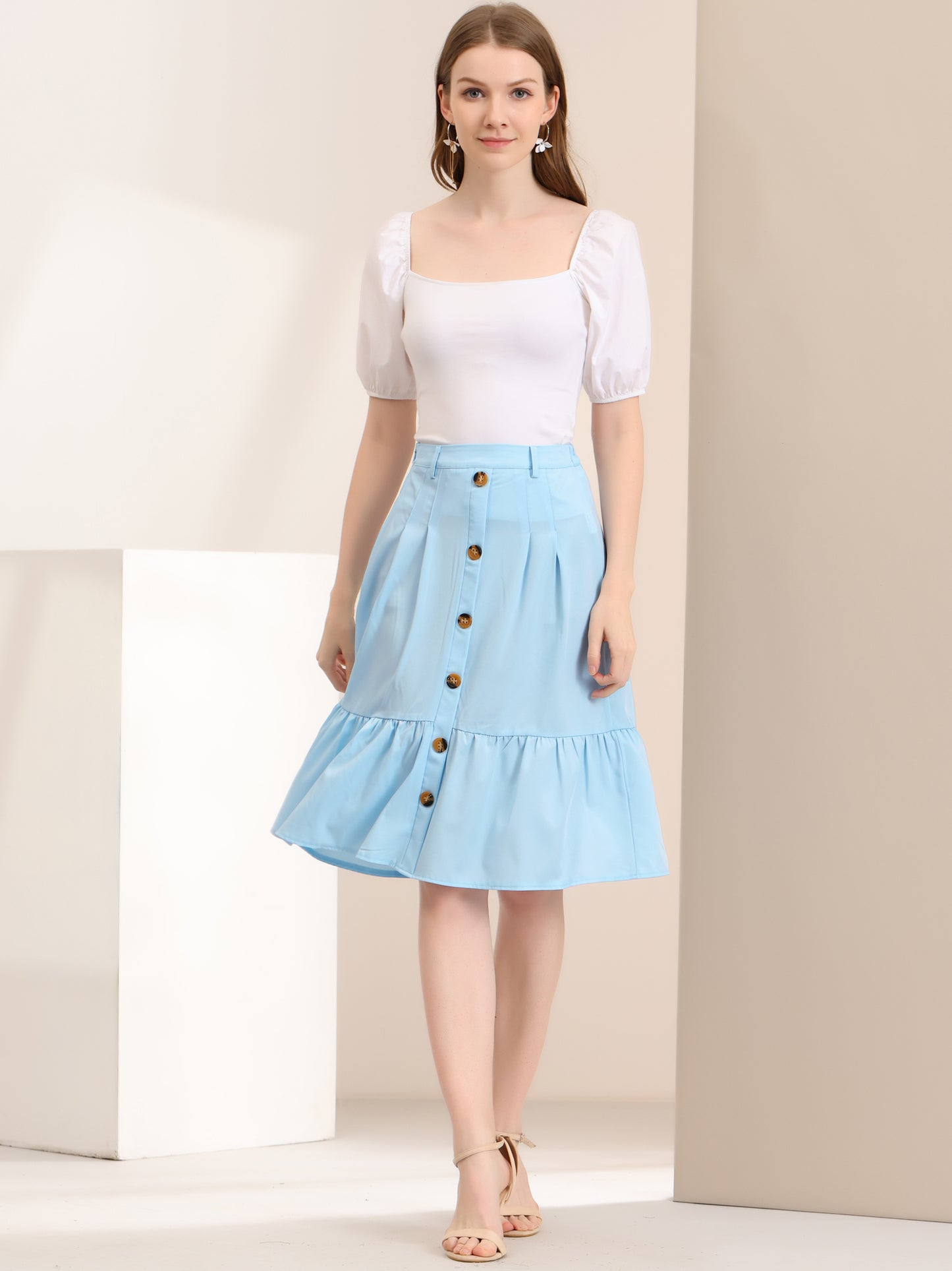 Women's Retro Button Front Tie Waist Flowy A-Line Chiffon Ruffle Midi Skirt
