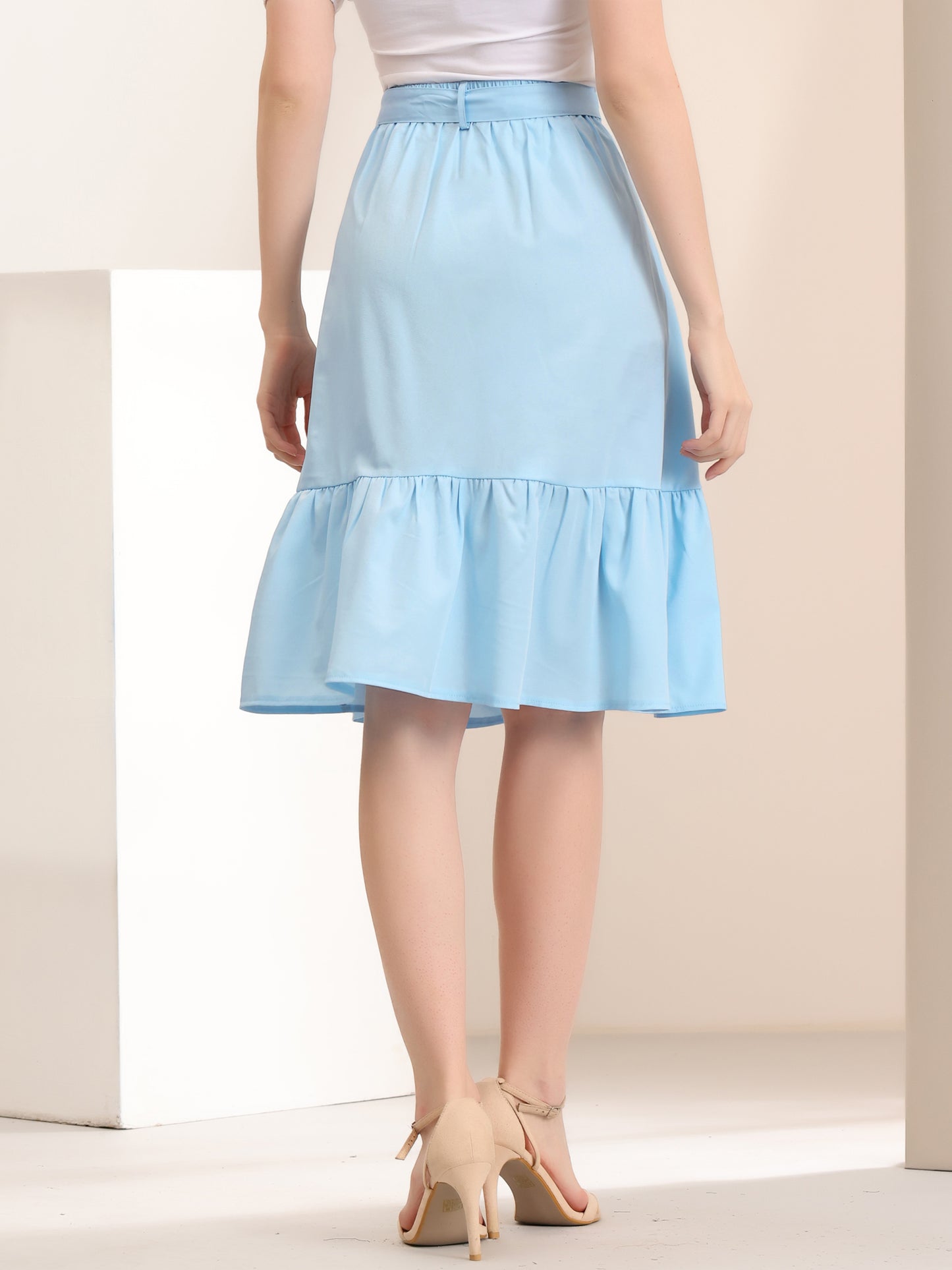 Falda midi de gasa con volantes, corte A, holgada, con cintura anudada y botones al frente, estilo retro para mujer