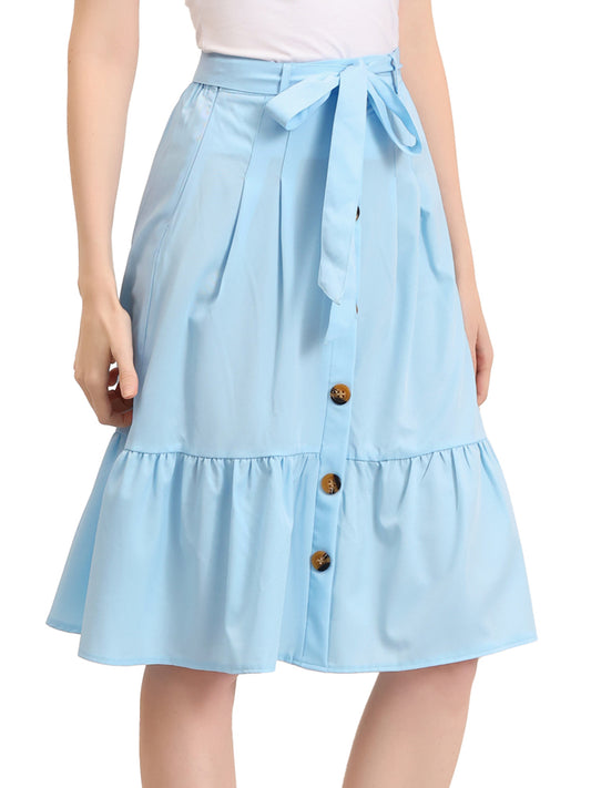 Women's Retro Button Front Tie Waist Flowy A-Line Chiffon Ruffle Midi Skirt