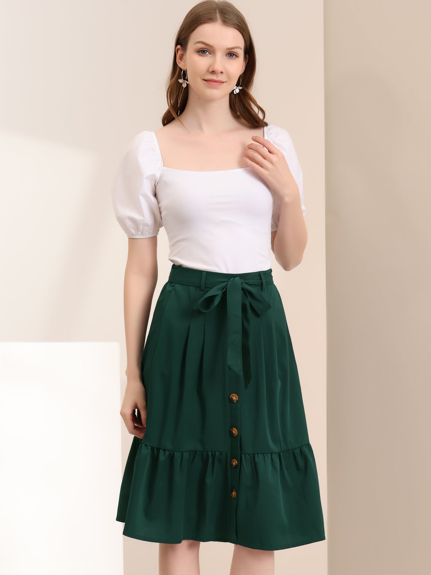 Women's Retro Button Front Tie Waist Flowy A-Line Chiffon Ruffle Midi Skirt